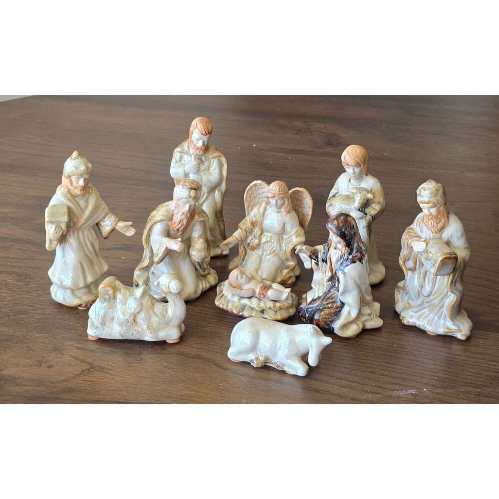 Vintage Nativity Scene Figurines 9-Piece Set Hand-Painted Ceramic Religious Chri